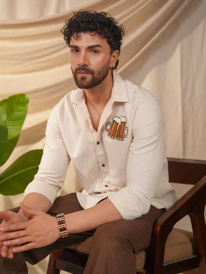 Beige Natural Grains Solid Linen Cotton Slim Fit Shirt