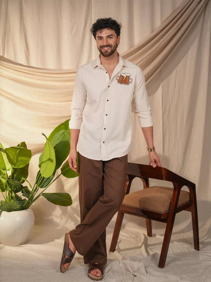 Beige Natural Grains Solid Linen Cotton Slim Fit Shirt