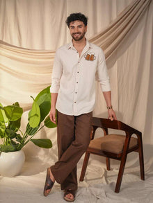 Beige Natural Grains Solid Linen Cotton Slim Fit Shirt
