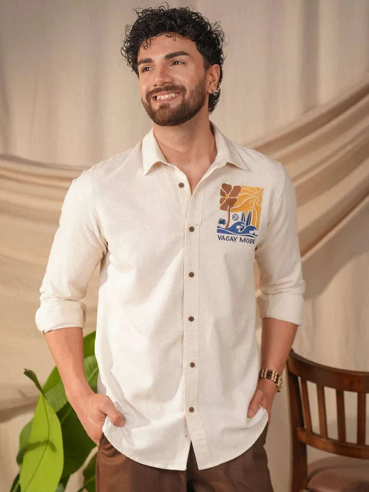 Beige Natural Grains Vacation Mode Embroidery Linen Cotton Shirt