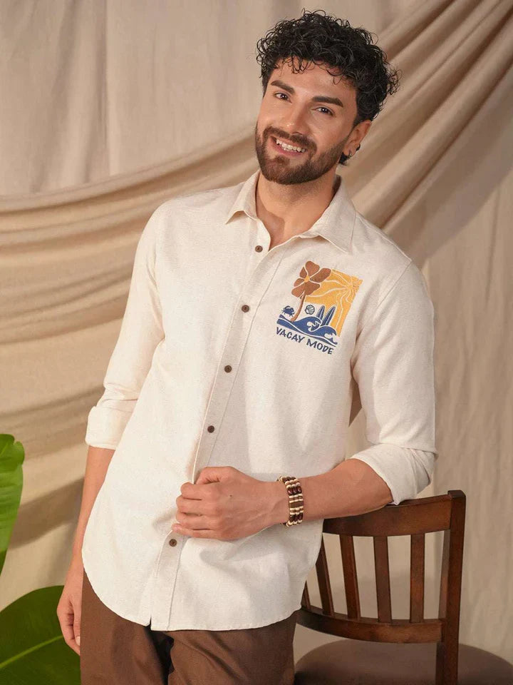 Beige Natural Grains Vacation Mode Embroidery Linen Cotton Shirt