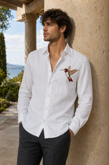 Riviera Twin Hummingbird Embroidered White Shirt.