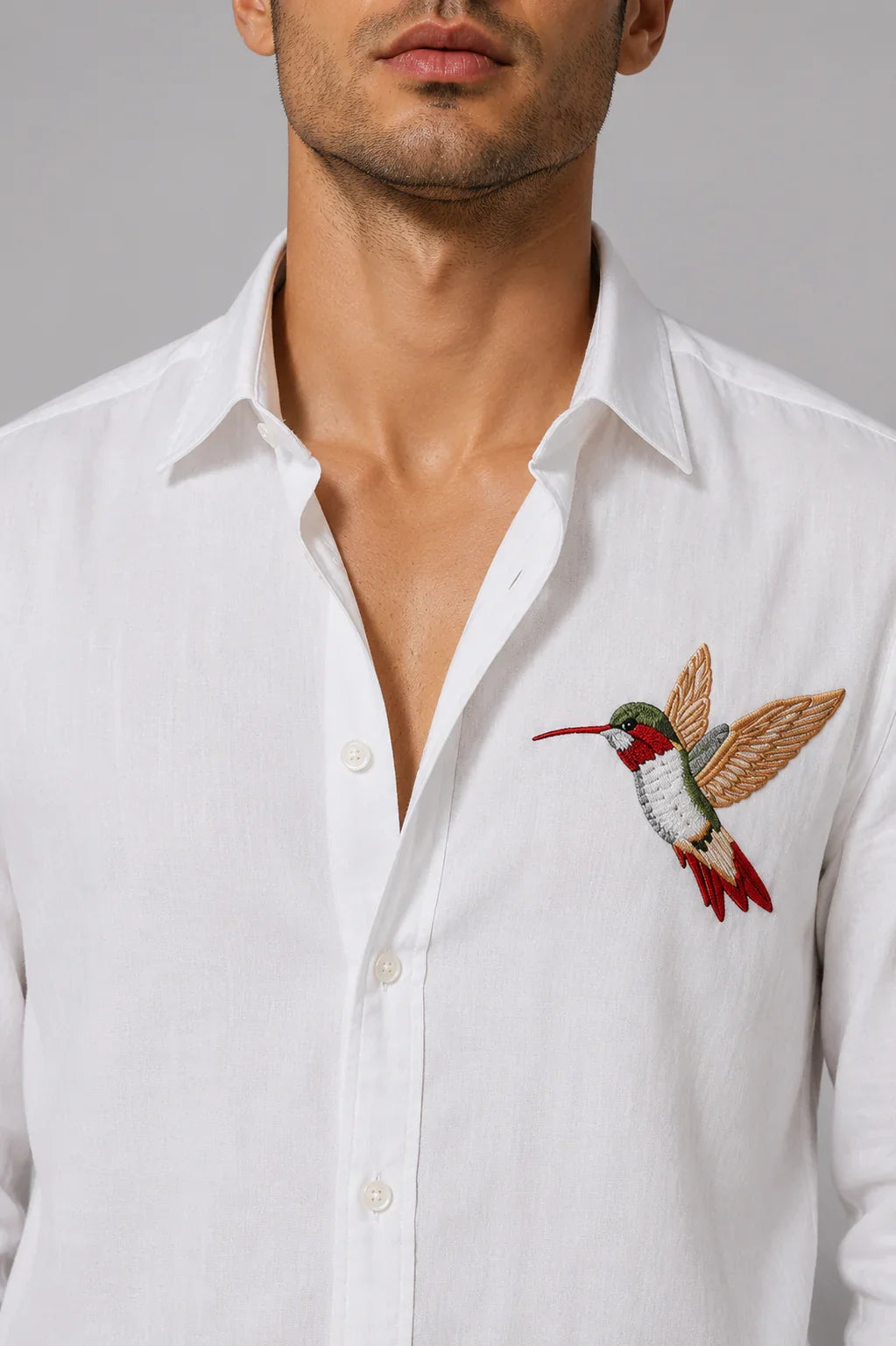 Riviera Twin Hummingbird Embroidered White Shirt.