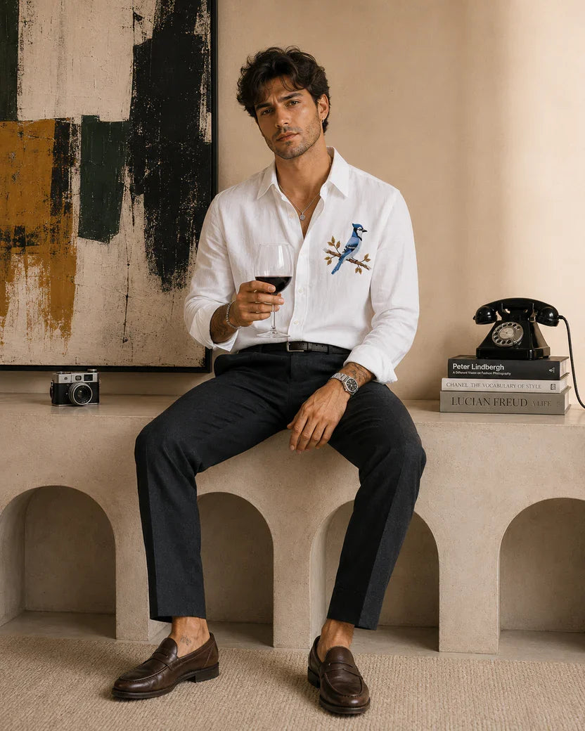 Blue Sparrow White Linen Shirt.