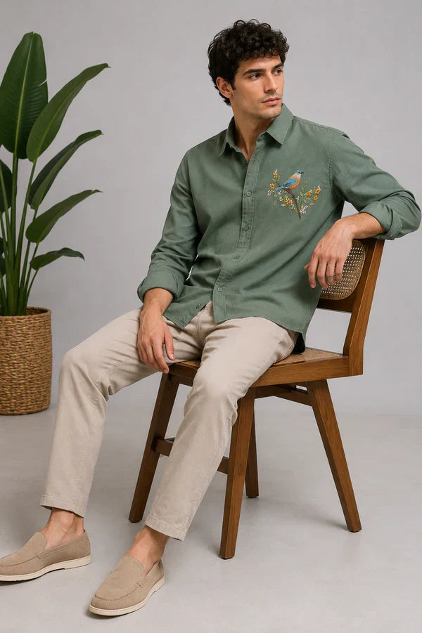 Olive Bluebird Linen Shirt