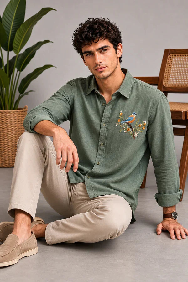 Olive Bluebird Linen Shirt