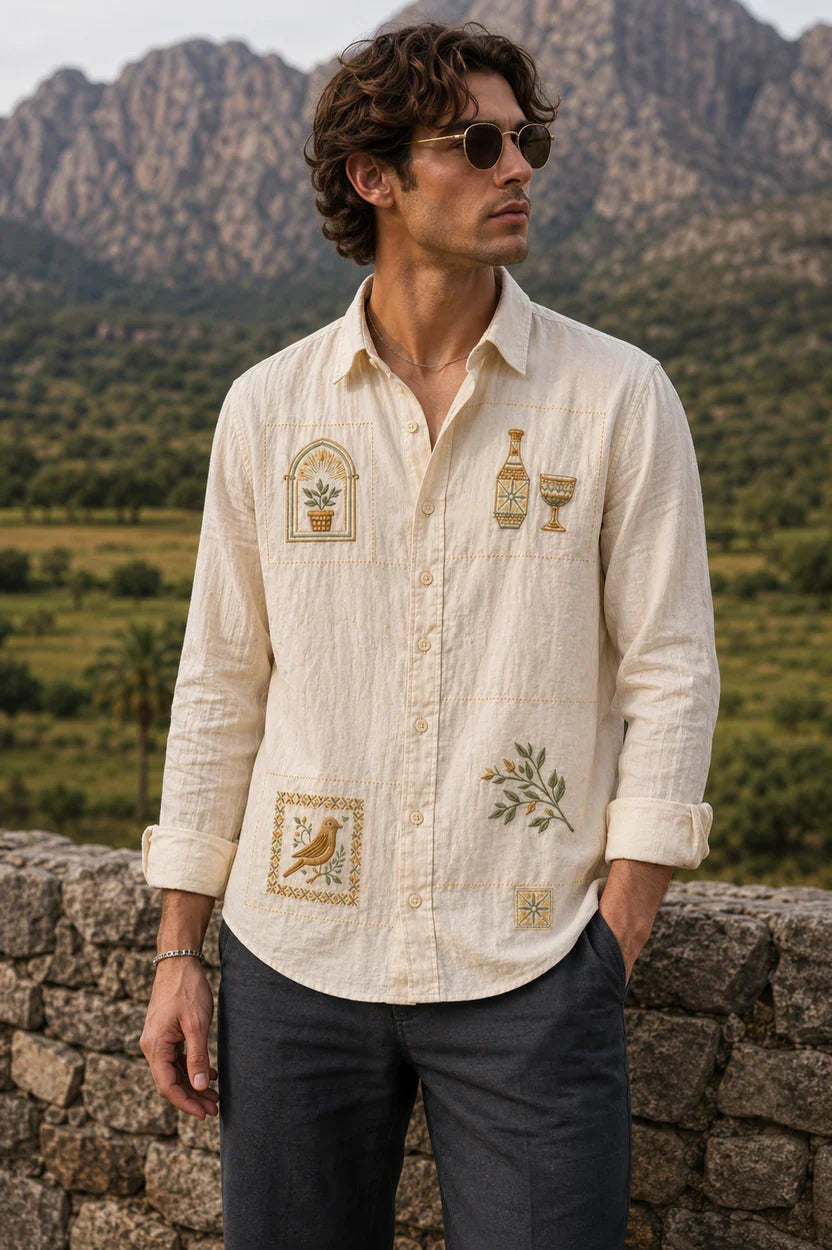 Mosaic Tile Embroidered Cream Shirt