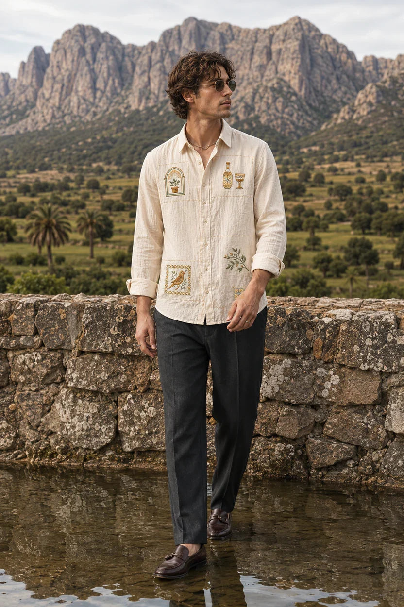Mosaic Tile Embroidered Cream Shirt