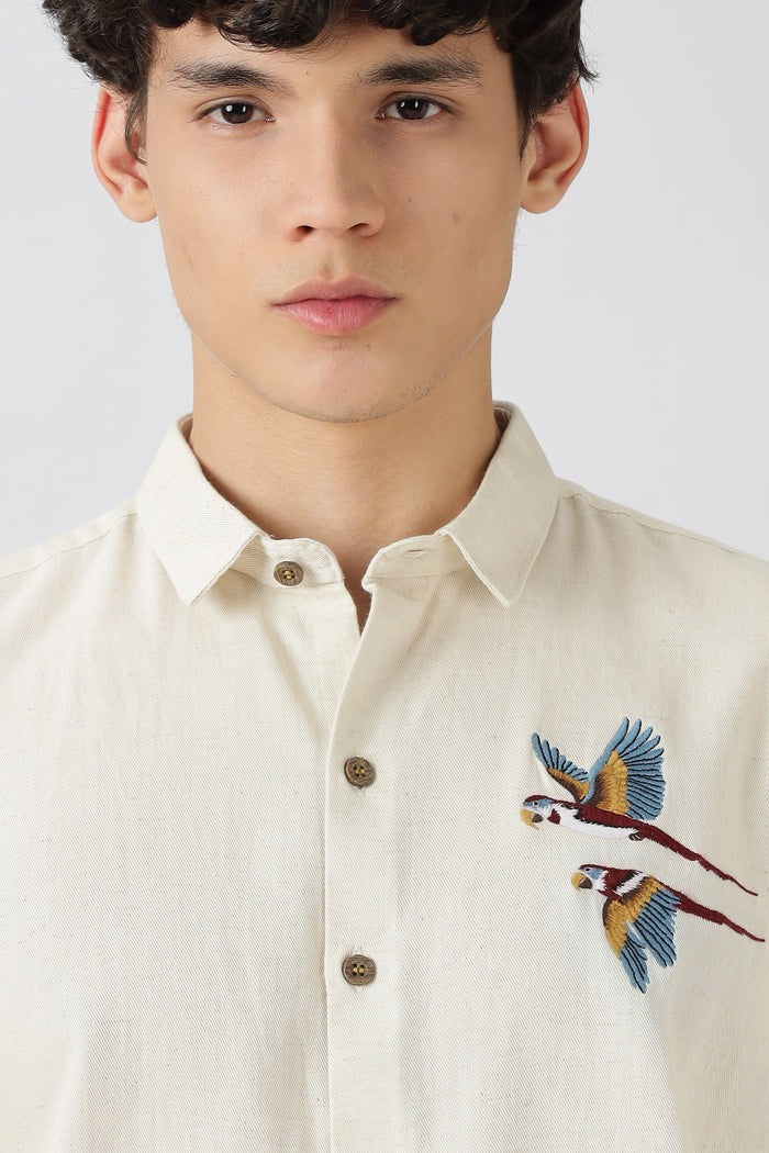 Striped Embroidered Tropical Palm Ocean Motif Shirts