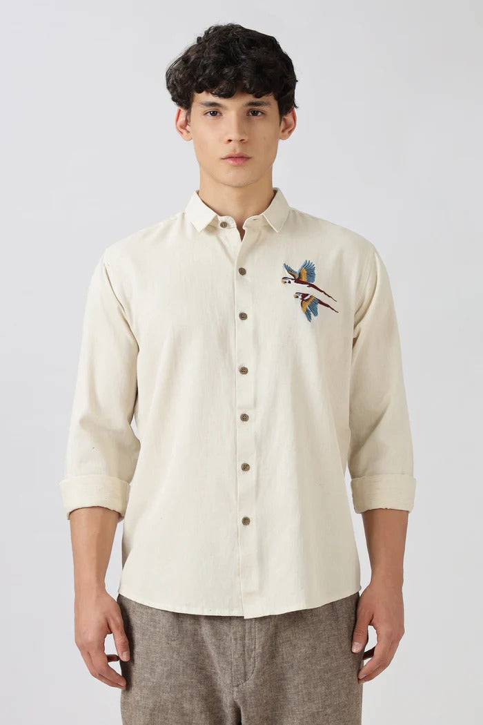 Striped Embroidered Tropical Palm Ocean Motif Shirts