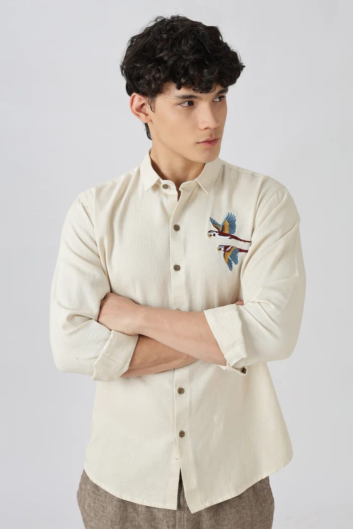 Striped Embroidered Tropical Palm Ocean Motif Shirts