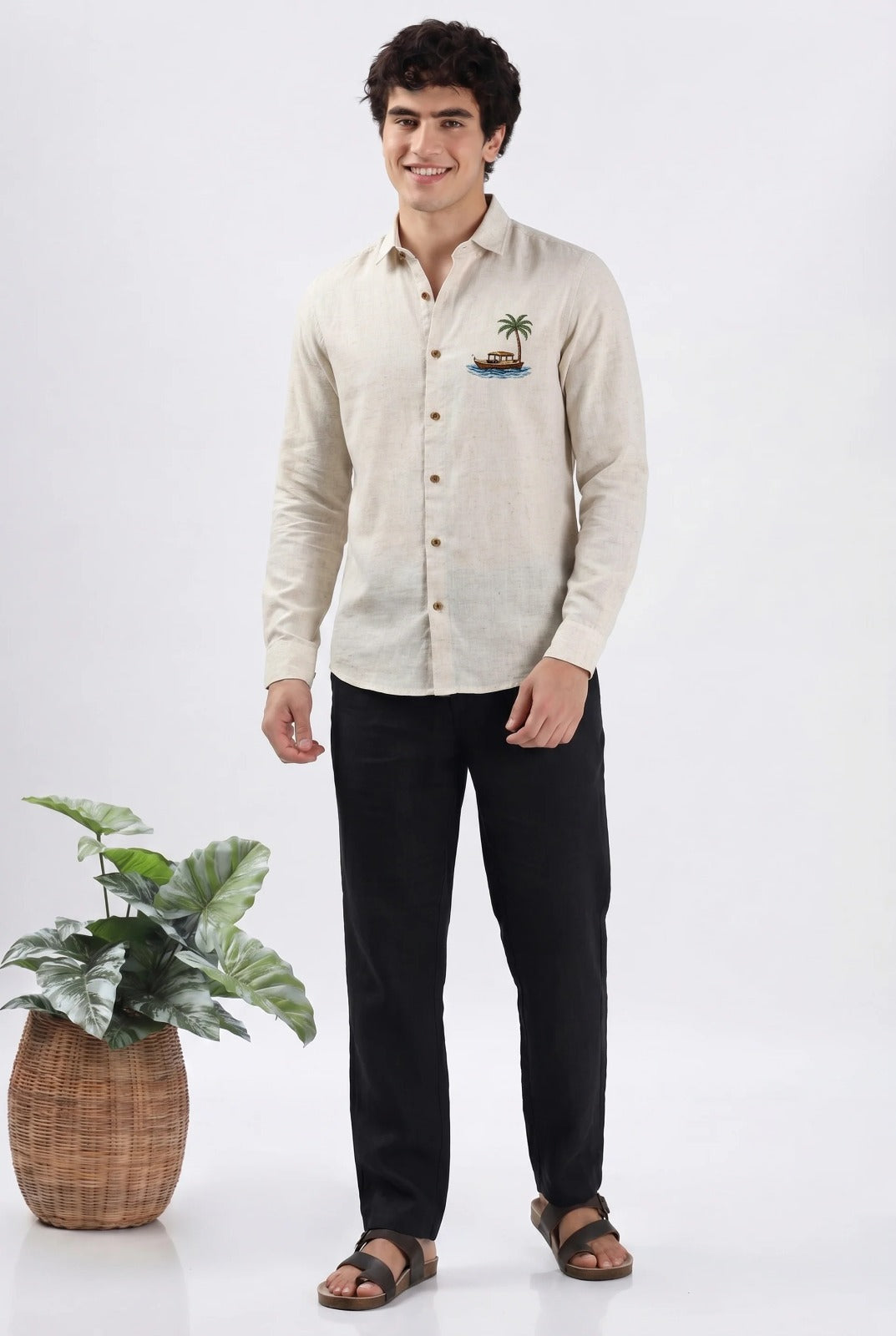 Island Breeze Premium Beige Embroidered Shirt