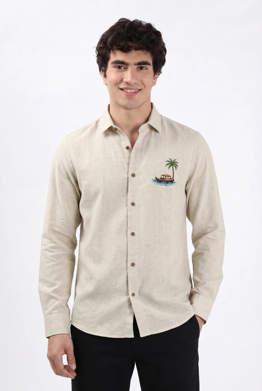 Island Breeze Premium Beige Embroidered Shirt