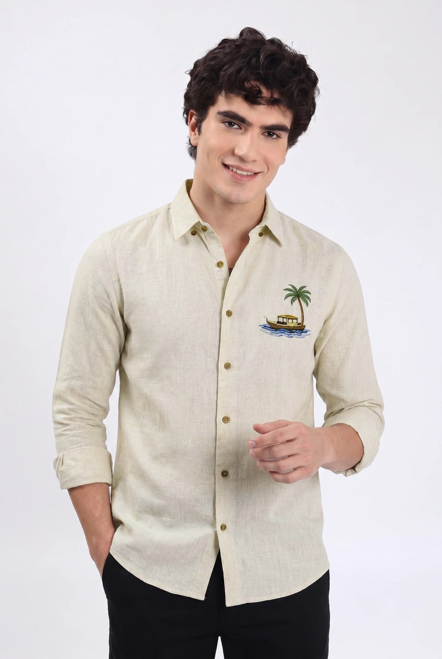 Island Breeze Premium Beige Embroidered Shirt
