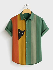 Men's Colorblock Peeking Black Cat Print Button Up Shirt