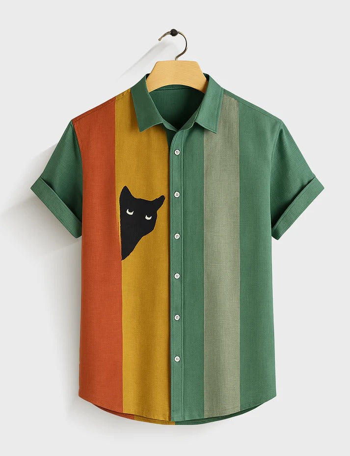 Men's Colorblock Peeking Black Cat Print Button Up Shirt