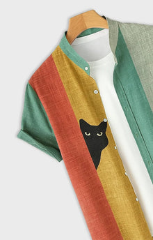 Men's Colorblock Peeking Black Cat Print Button Up Shirt