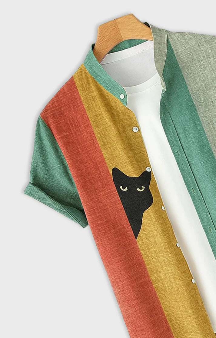 Men's Colorblock Peeking Black Cat Print Button Up Shirt