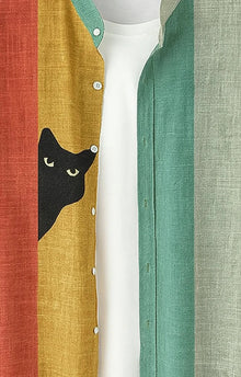 Men's Colorblock Peeking Black Cat Print Button Up Shirt