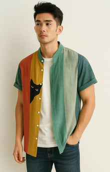 Men's Colorblock Peeking Black Cat Print Button Up Shirt