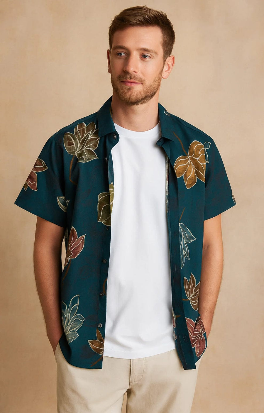 Men's All-Over Maple Leaf Print Short Sleeve Vacation Shirt