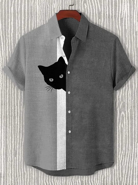 Men's Colorblock Peeking Black Cat Print Casual Shirt