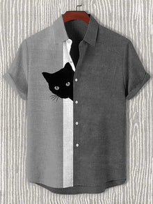 Men's Colorblock Peeking Black Cat Print Casual Shirt