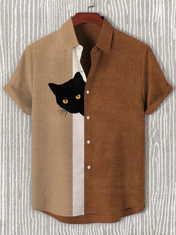 Men's Colorblock Peeking Black Cat Print Casual Shirt