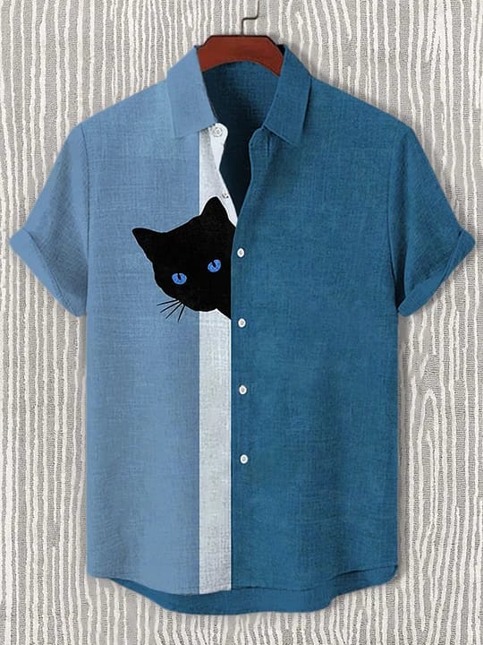 Men's Colorblock Peeking Black Cat Print Casual Shirt