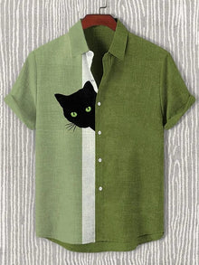 Men's Colorblock Peeking Black Cat Print Casual Shirt