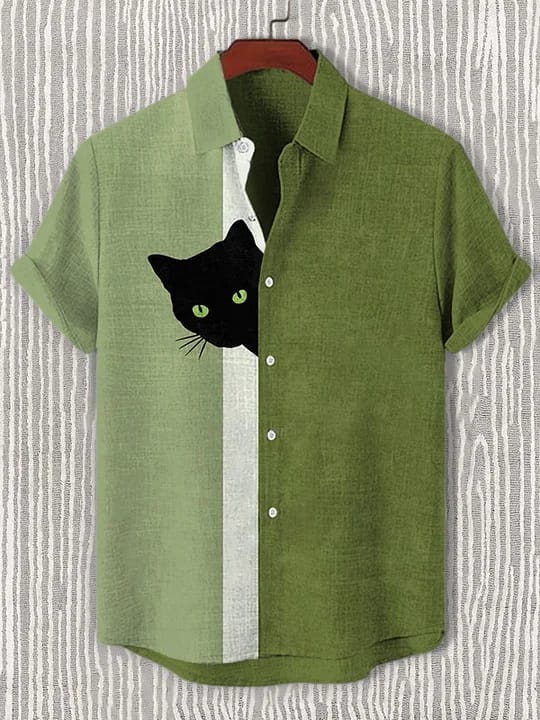 Men's Colorblock Peeking Black Cat Print Casual Shirt
